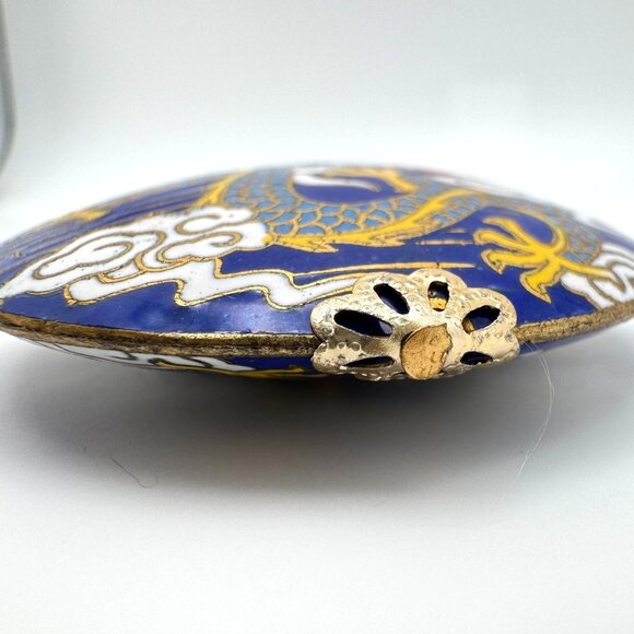 Cloisonne Vtg Enamel Dragon Blue Bead Clouds Fire 2" Diameter Gold-Tone Trim - Picture 6 of 7